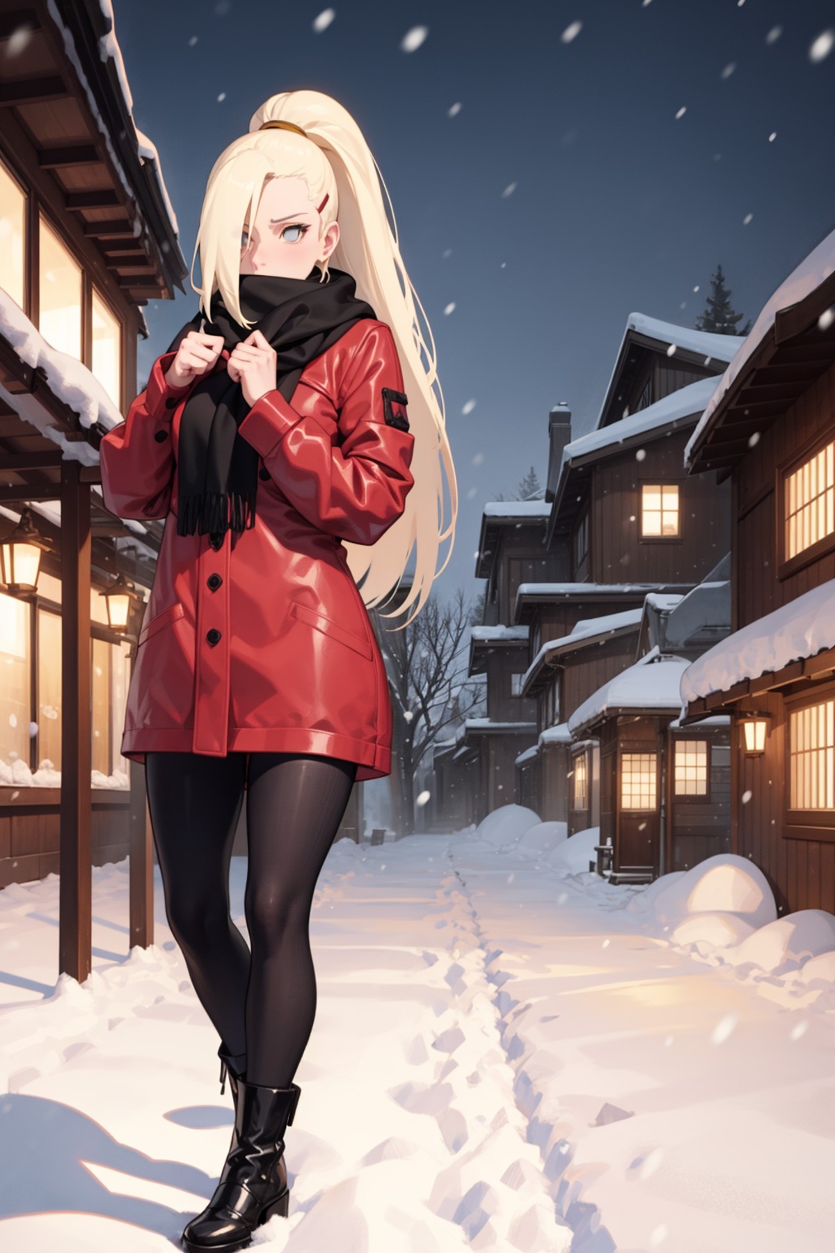 <lora:ino yamanaka epoch5:1> yamanaka ino, scarf, winter clothes, outdoors, snow, snowing, christmas,